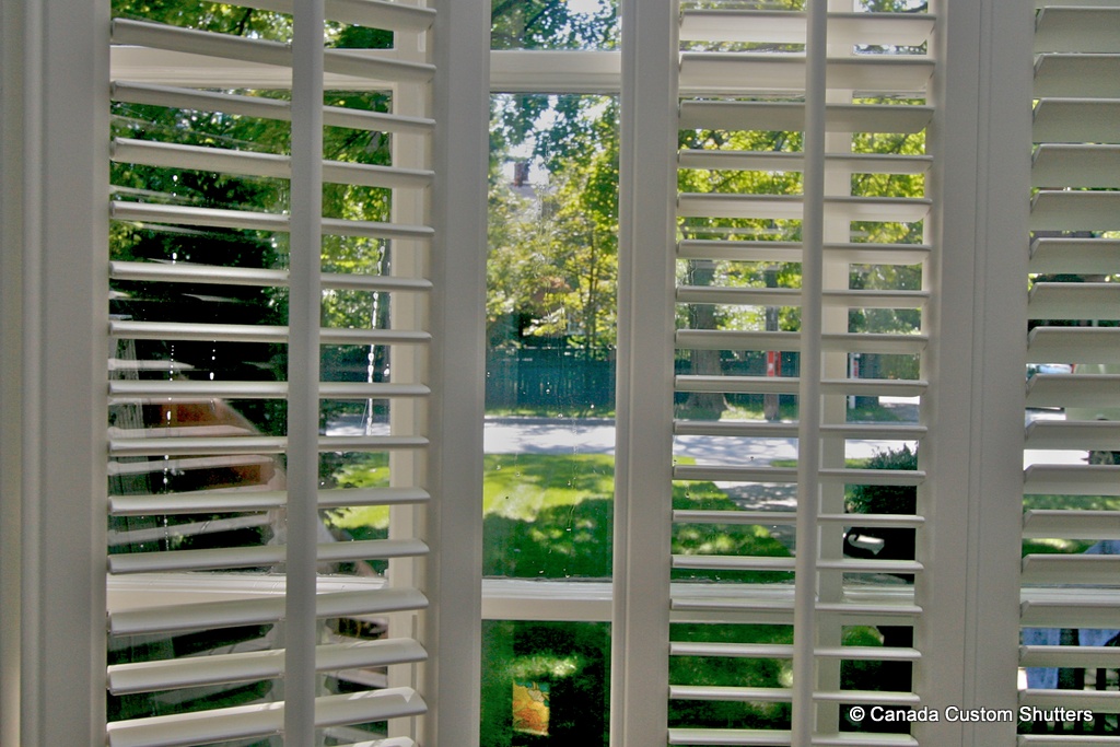 looking through louvers of wood shutters